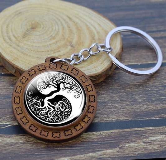Tree of Life Wooden Keyring - Yin & Yang